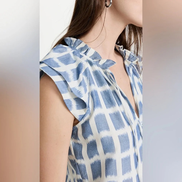 Veronica Beard Zee Ikat Grid Ruffle Tiered Flutter Sleeve Wht Blu Mini Dress Sz4 - Picture 5 of 15